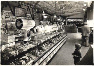 1936c Dede's Butcher shop - Bill far right, Alex next to Bill
